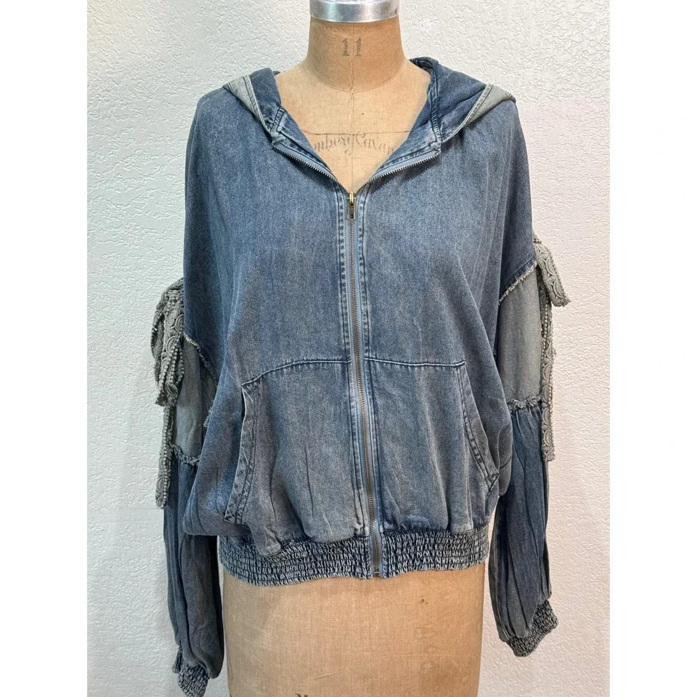 Jaded Gypsy Tied About Jacket Chambray Blue‎ Denim Zip Hoodie Lace S/M NWT